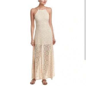 Floral Crochet Lace Up Overlay Maxi Side Slits Tassel Tie High Neck Maxi Dress S